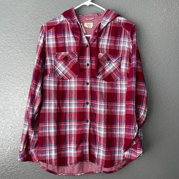 Boston Traders Plaid Hooded Button Shirt Men’s L | Maroon Flannel Casual - Picture 1 of 9